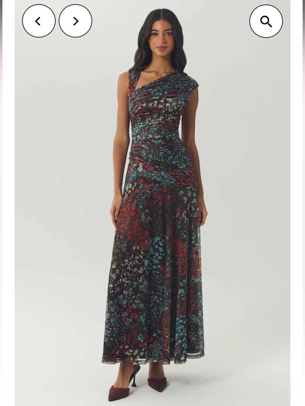hutch ester brown floral print ruched bodice asymmetrical maxi dress size small